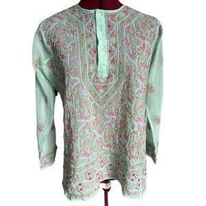 Jest Jewels Vintage Size‎ Medium Chartreuse Floral Embroidered Shear Tunic Top